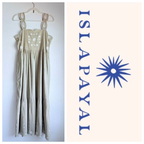 NWT Isla Payal Taormina Strawberry Beige & White Embroidered Cotton Maxi Dress S - Picture 1 of 12